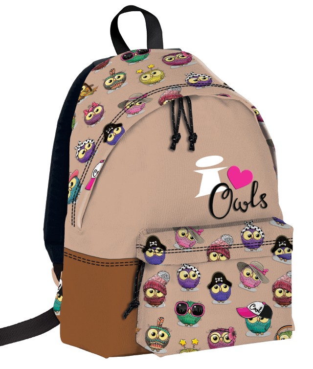 Ghiozdan School Friendly Teens, imprimeu Bufnite, poliester, bej-maro - imagine 3